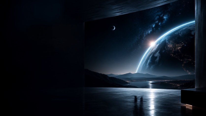The cover of the AstraShilp profile: a dark hall opening onto the Earth at sunrise