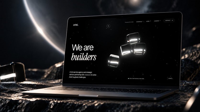 The Oriel agency website on a laptop: We are builders, with glowing glass cubes